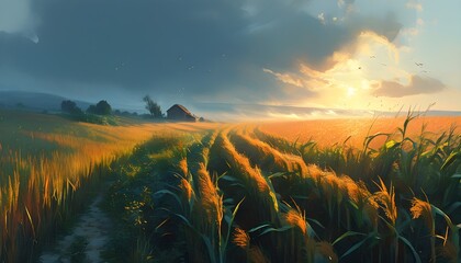 Wall Mural - Enchanted Misty Landscape with Harvest and Gentle Winds, Evoking Tranquility in a Fantasy World of Warm Tones