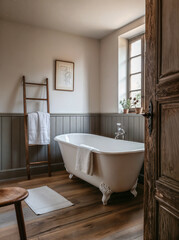 a classic bathroom with grey tones a wood floor and a freestanding white bathtub. a towel is hanging