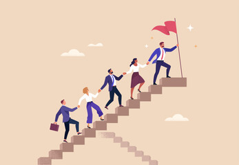 Fototapete - Business Leadership Concept. Vector illustration in flat style of group of diverse people in business outfits walking up the steps following a leader looking ahead. Isolated on background 