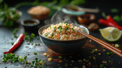 bowl of hot boiled or fried rice on table, vegetarian asian food, dish, meal, oriental cuisine, international rice day, cooking, recipe, cereal, natural products, tasty treat