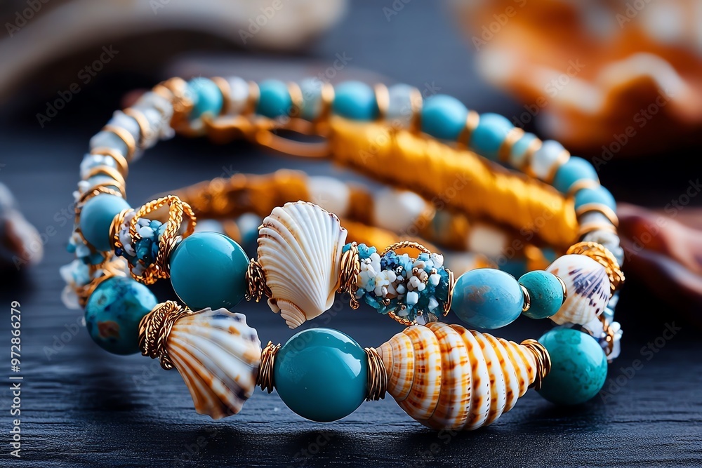 A wrist full of ocean-inspired bracelets, featuring a combination of shells, sea stones, and beaded accents, creating a layered boho look