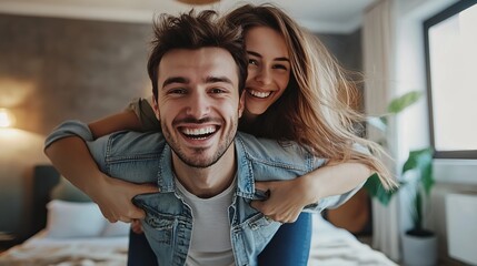 Photo of happy young couple piggyback spread hands fly move new place enjoy live together have fun apartment room light house flat indoor