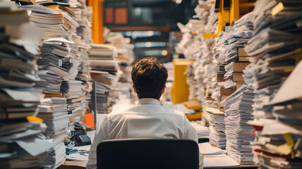 Back view of a businessman sitting at their desk in an office surrounded by stacks and piles of papers.