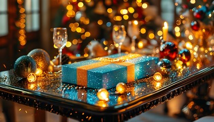 Festive digital art of a sparkling bar graph on a luxurious table, adorned with glittering decorations in a vibrant atmosphere