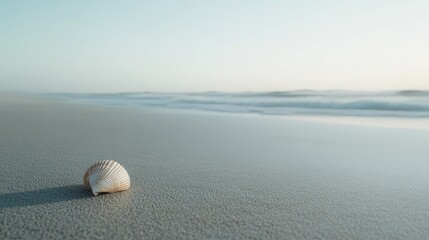 Sticker - Minimalist empty beach with smooth, untouched sand, a lone seashell in the foreground, and soft waves in the distance under a pale sky, 4K hyperrealistic photo.