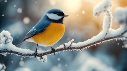 Winter bird perched on a snow-covered branch, its bright feathers contrasting against the frosty backdrop of a snowy forest. 4K hyperrealistic photo.