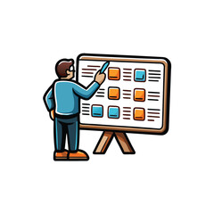 Wall Mural - A cartoon illustration of a man writing on a whiteboard during a meeting.