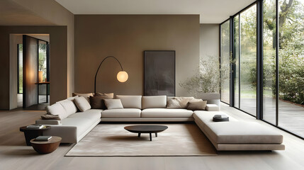 Wall Mural - A modern, minimalistic living room with large windows and a cozy sectional sofa.