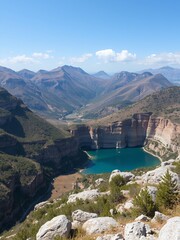 Poster - A high angle view of a valley with a lake in the center