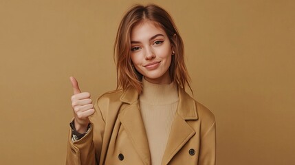 Wall Mural - Photo of stunning nice woman wear stylish clothes thumb up feedback isolated on khaki color background