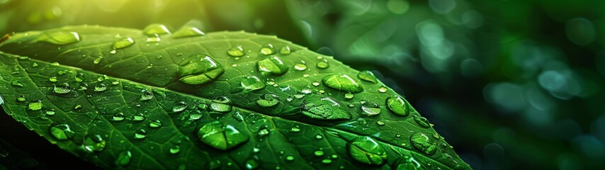 Raindrops Adorning Lush Green Leaves in a Serene Forest at Dawn