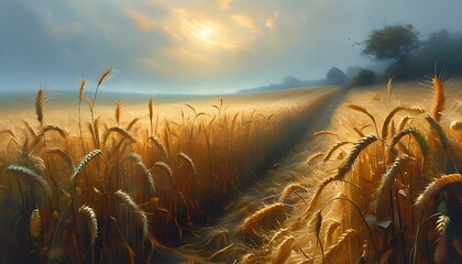 Wall Mural - Ethereal harvest scene in misty wheat fields with gentle winds, blending Gothic elements and soft contrasts for a dreamy atmosphere