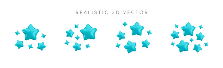 Wall Mural - vector 3d blue sparkling star collection on white background. cute realistic cartoon 3d render, blue
