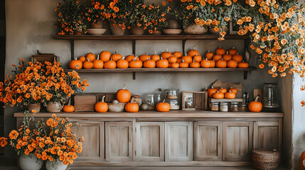 Wall Mural - A rustic display of pumpkins and flowers in a cozy, autumn-themed setting.