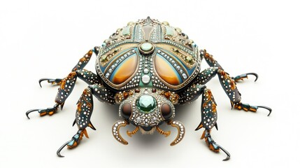 Big beetle with a luxurious design, its body intricately decorated with diamonds and beautiful jewels, on a white background