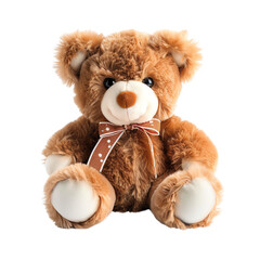 Cute brown teddy bear with a ribbon bow, perfect as a gift for children and loved ones. High-quality plush toy., transparent background