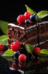 Piece of chocolate cake with mint leaves and berries on a black background. 