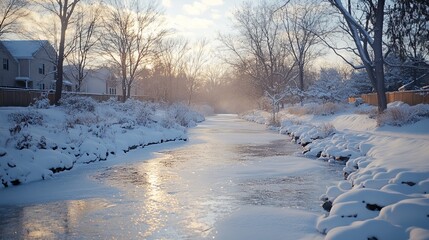 Wall Mural - Walking along a frozen creek in a quiet neighborhood, with snow-covered rocks and a peaceful winter silence. 4K hyperrealistic photo.