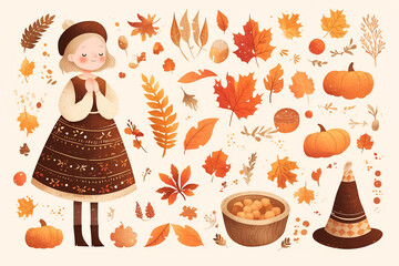 Sticker - A collection of little girls, pumpkins, hats, leaves and more for Thanksgiving