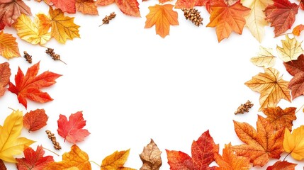 A colorful frame of vibrant autumn leaves surrounding a blank background, perfect for seasonal concepts with ample copy space