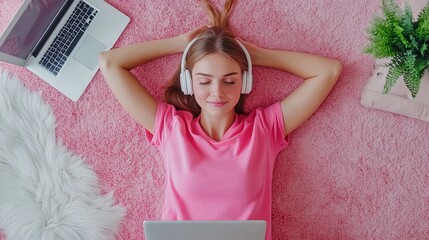 Wall Mural - Top view photo of lucky cheerful lady wear pink shirt successful education modern device indoors room home house