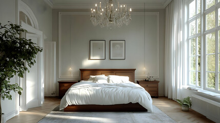 A serene bedroom with natural light, elegant decor, and a cozy atmosphere.