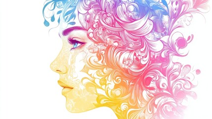 Stylized vector illustration of a beautiful woman's face, adorned with intricate floral and swirling patterns in pink, blue, and yellow on a white background