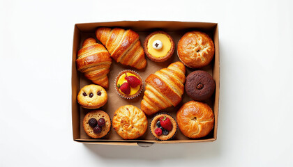 Wall Mural - Top view of a box with various freshly baked pastries, showcasing their texture and appeal.






