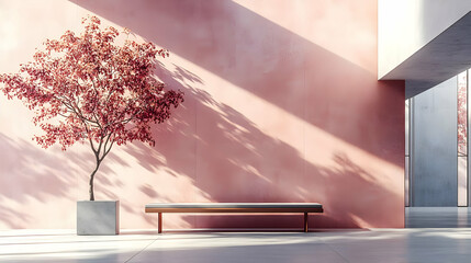 A serene indoor space featuring a pink wall, a bench, and a decorative tree.