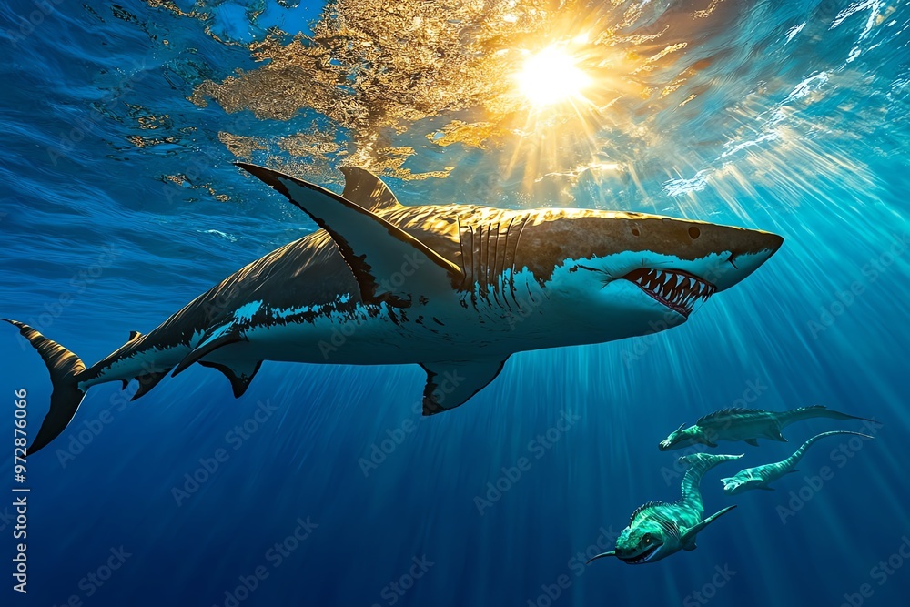 A Megalodon swimming beneath the surface of a prehistoric ocean ...