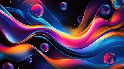 Abstract colorful neon waves with glowing spheres on a black background.