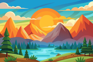 Poster - Summer simple landscape with high mountain range and green forest vector illustration