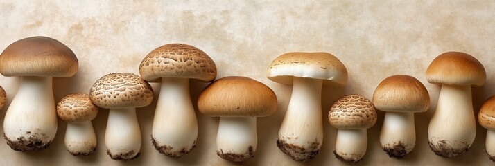 Canvas Print - A row of mushrooms are lined up on a table. The mushrooms are of different sizes and shapes, but they all have a similar appearance. Concept of abundance and variety, as well as a connection to nature