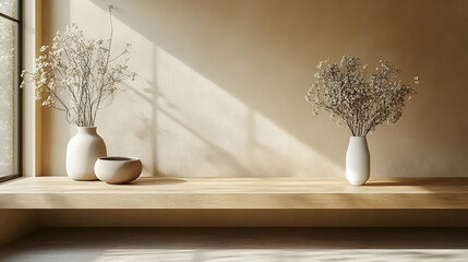 Wall Mural - A serene interior featuring minimalist decor with vases and dried flowers on a wooden shelf.