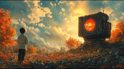 A child gazes at a glowing machine in a vibrant autumn landscape.