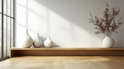 A serene interior scene featuring minimalist vases and natural light.