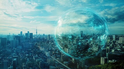 Wall Mural - Digital globe with global network and icons of smart city, sustainable development, and environmental protection concepts on a blue background.
