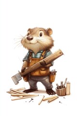 Beaver Carpenter A cartoon beaver wearing a plaid shirt and tool belt, holding a saw and standing by a cartoon log cabin under construction, with wood and nails scattered around