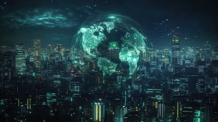 Wall Mural - Digital globe with global network and icons of smart city, sustainable development, and environmental protection concepts on a blue background.
