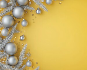 Wall Mural - Christmas yellow background with Christmas balls and gray decorations