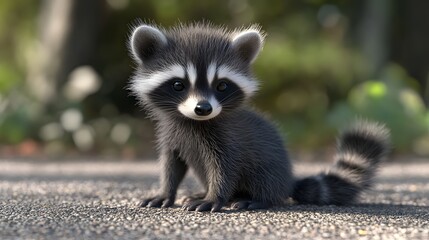 27. **3D render of a tiny baby raccoon with masked face and bushy tail