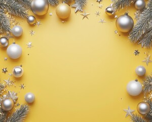 Wall Mural - Christmas yellow background with Christmas balls and gray decorations