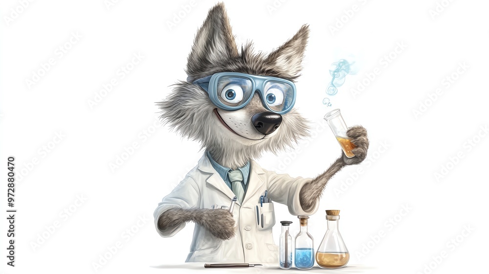 Wolf Scientist A cartoon wolf wearing a white lab coat and safety ...