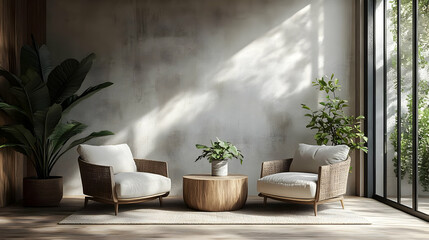 A serene living space featuring two chairs, a wooden table, and indoor plants.