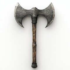 Ancient Double-Headed Axe with Runic Engravings - High Detail Fantasy Weapon Design on White Background.