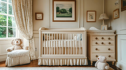 A serene nursery featuring a crib, changing table, and plush toys for a baby's comfort.