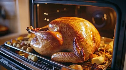 A golden-brown roasted turkey being pulled out of the oven on Thanksgiving Day, surrounded by savory side dishes