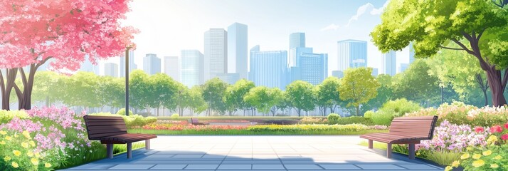 A park with a city in the background and two benches. The park is full of flowers and trees