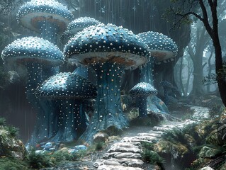 A path through a mystical forest filled with giant, bioluminescent mushrooms.