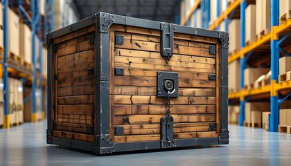 Massive wooden crate displayed within a spacious industrial warehouse setting